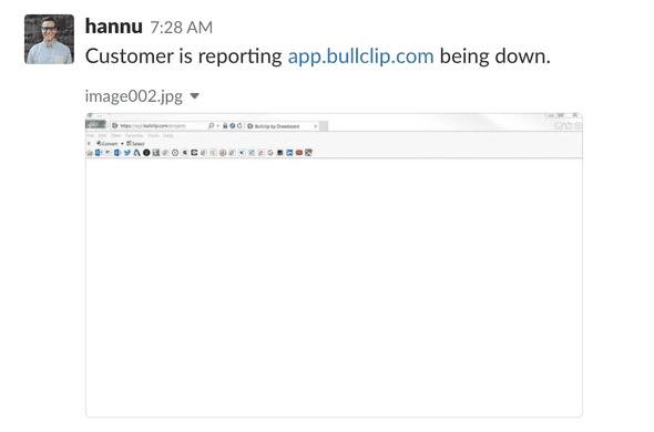 screenshot of white screen in internet explorer with the text 'Customer is reporting app.bullclip.com being down'
