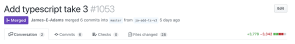 screenshot of github branch being merged titled 'Add typescript take 3'