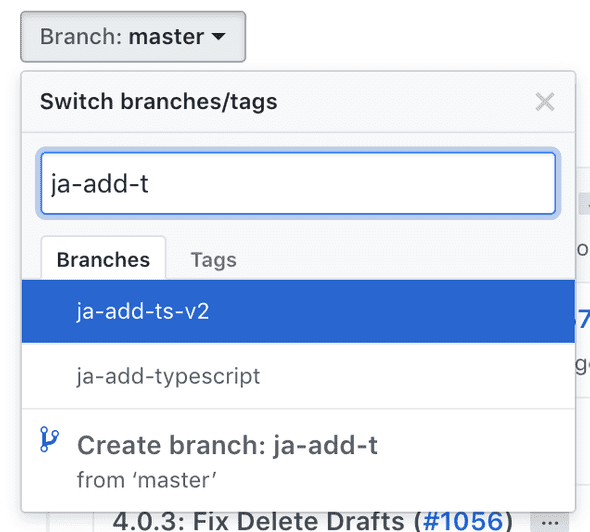 screenshot of github branch selector